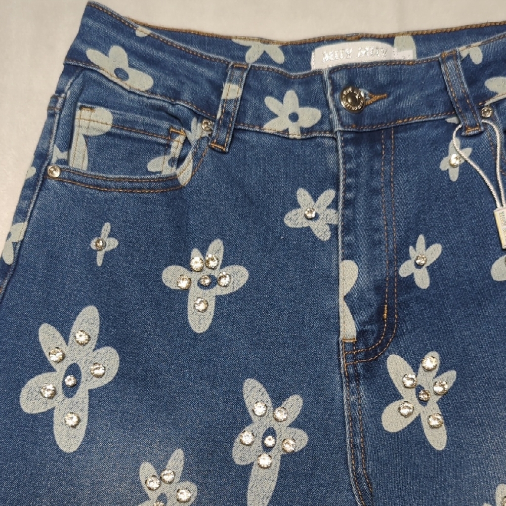 NEW Muy Muy Rhinestone Embellished Flowers Wide Leg‎ Women's Jeans Size Medium
